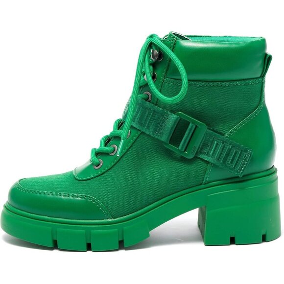 Women's Green Combat Boots Chunky Lug Sole Ankle Boots Lace Up Buckle Casual - Picture 2 of 6